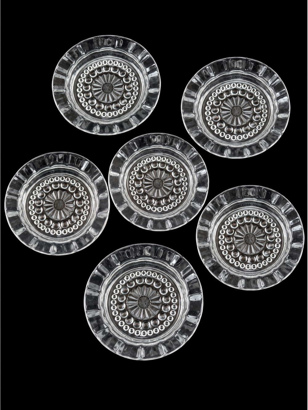 Set of 6 Vintage Federal Glass Hobnail Coasters with Decorative Pattern